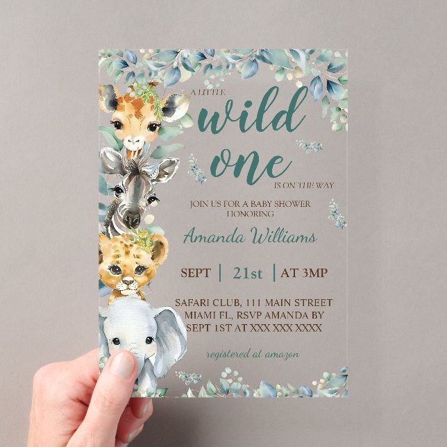 Wild One Safari Animals Sage Green Baby Shower Acryleinladungen (Insitu (Handheld))