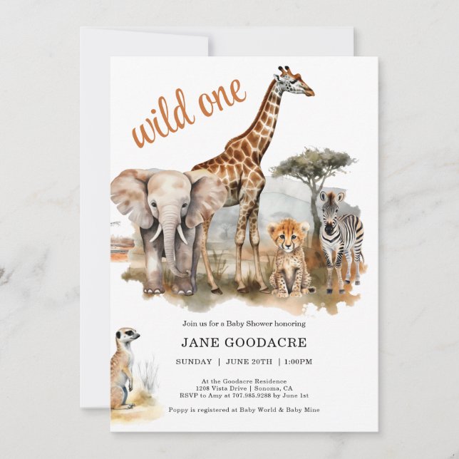 Wild One Safari Animaux Baby shower Invitation (Devant)