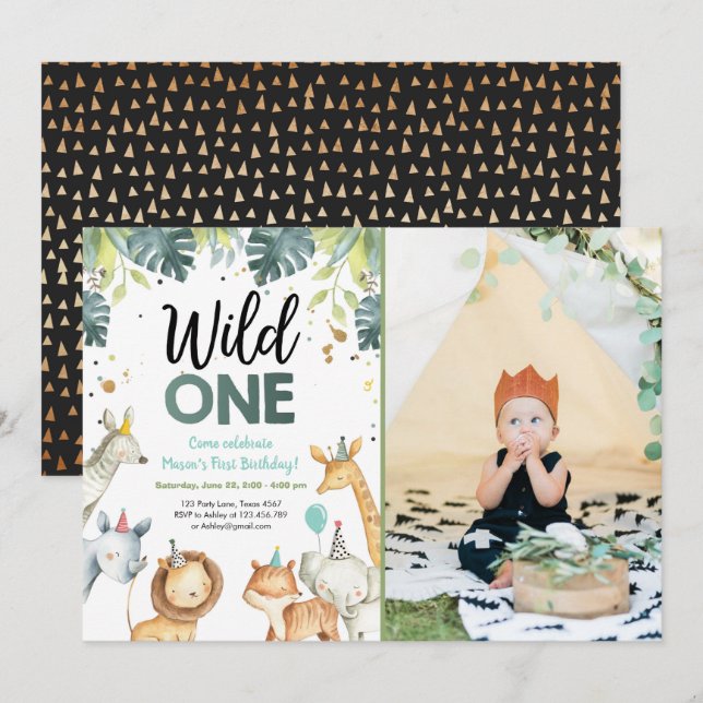 Wild One Safari Animaux Première Invitation Annive (Devant / Derrière)