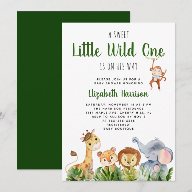 Wild One Safari Baby Boy Dusche Einladung (Vorne/Hinten)