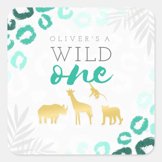 Wild One Safari Blue und Gold Leopard 1. Geburtsta Quadratischer Aufkleber (Vorderseite)