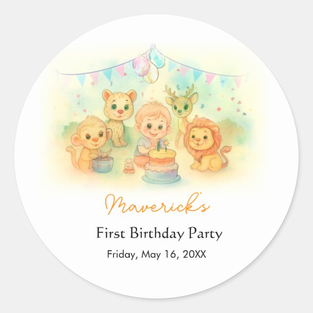 Wild One Safari Boy 1st Birthday Jungle Party Runder Aufkleber (Vorderseite)