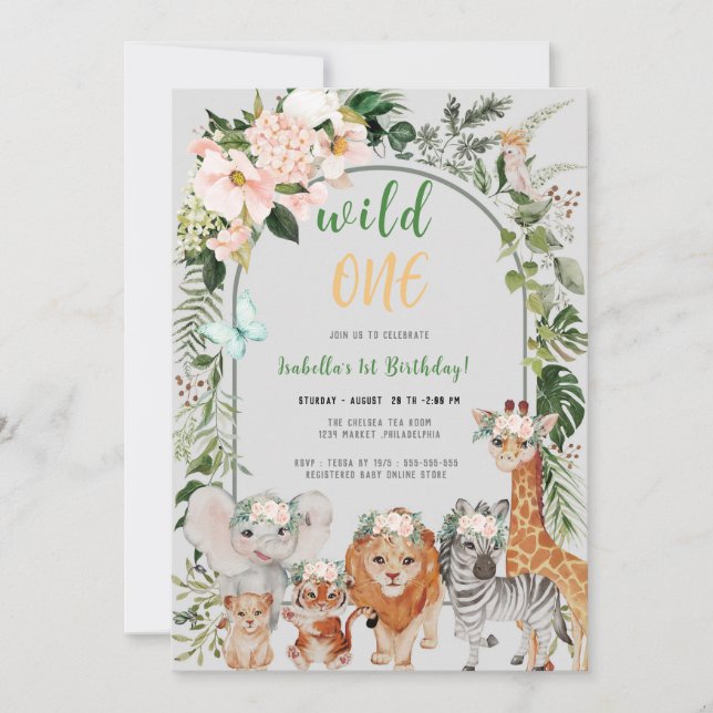 Wild One Safari feuilles Invitation d'anniversaire (Devant)
