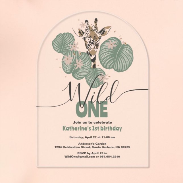 Wild One Safari Giraffe Cute Animal Birthday Party Acryleinladungen (Von Creator hochgeladen)