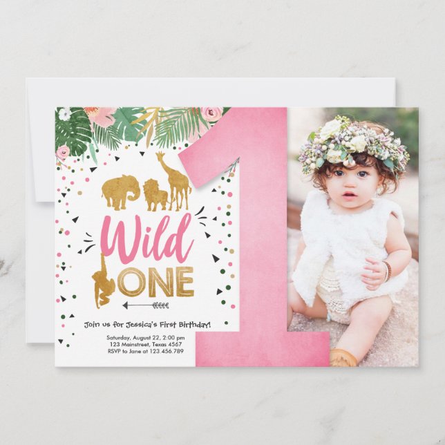 Wild One Safari Gold Girl Pink Animals Geburtstag Einladung (Vorderseite)