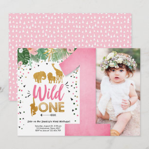 Wild One Safari Gold Girl Rosa Tiere Geburtstag Einladung