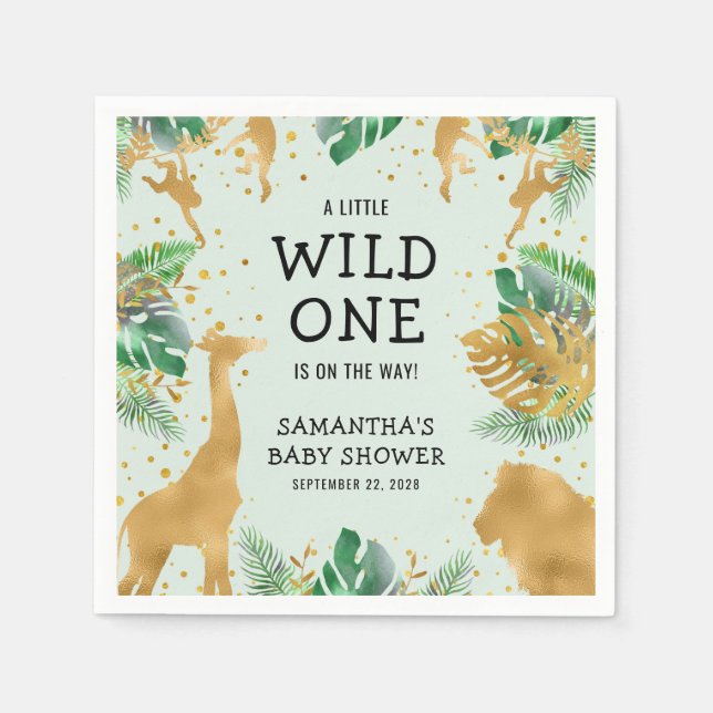 Wild One Safari Green Gold Neutral Baby Dusche Serviette (Vorderseite)
