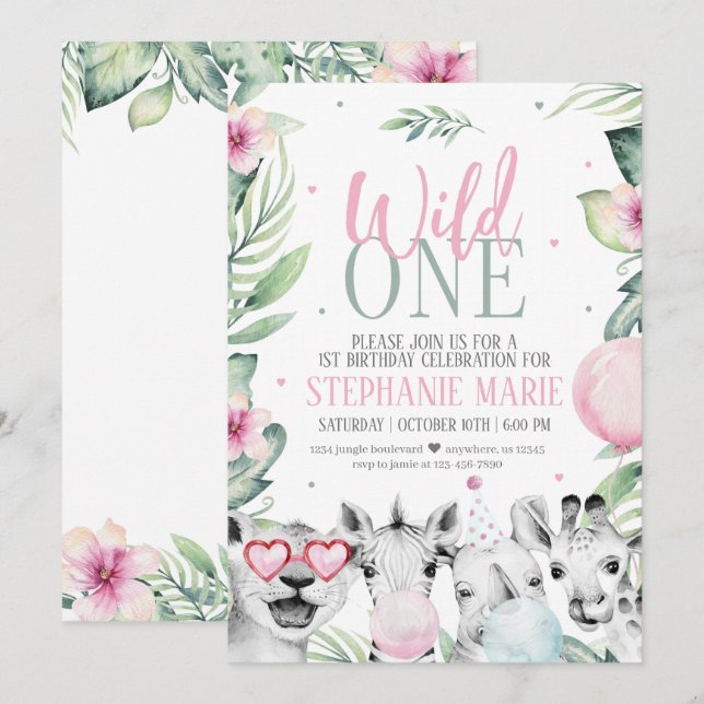 Wild One Safari Invitation d'anniversaire pour fil (Devant / Derrière)
