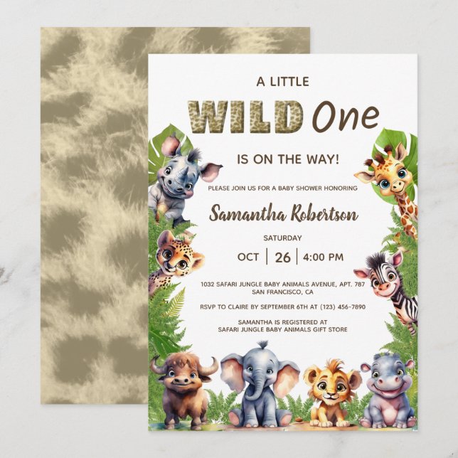 Wild one Safari Jungle Animals Baby Shower Einladung (Vorne/Hinten)