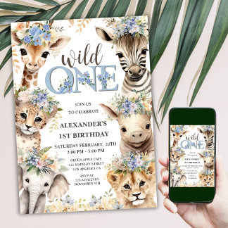 Wild One Safari Jungle Animals Boy 1. Geburtstag Einladung
