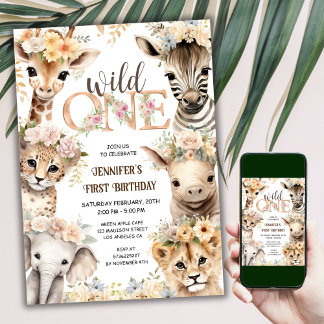 Wild One Safari Jungle Animals Girl 1. Geburtstag Einladung