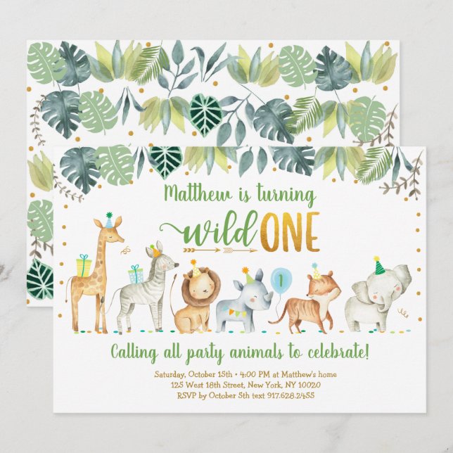 Wild One Safari Jungle Geburtstag Einladung (Vorne/Hinten)