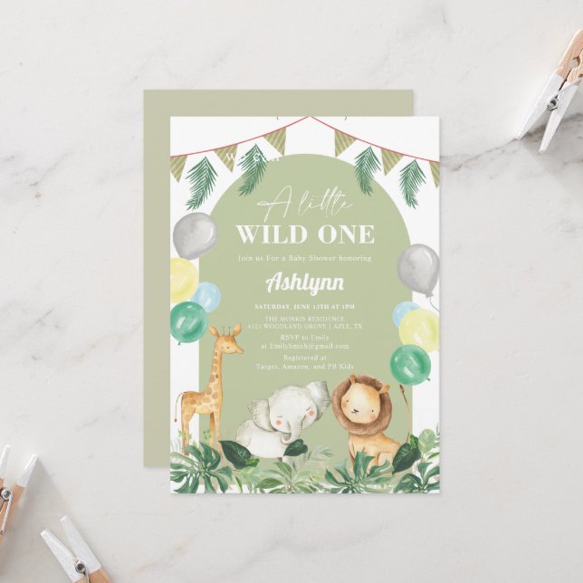 Wild One Safari Jungle Greenery Boy Baby Shower Einladung (Vorderseite/Rückseite Beispiel)