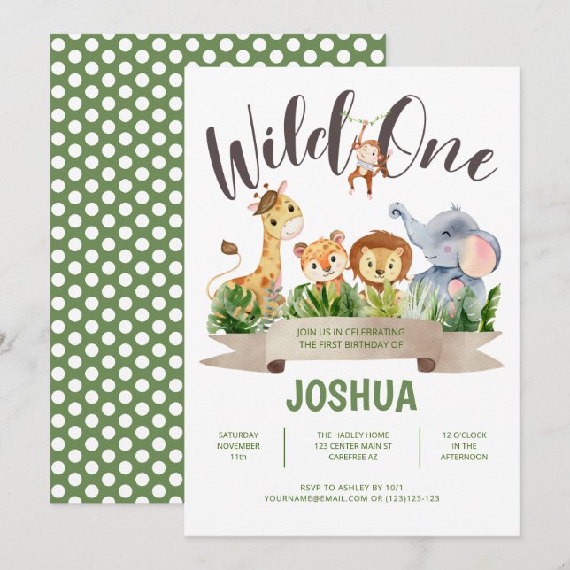 Wild One Safari Kid's Birthday Einladung (Vorne/Hinten)
