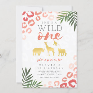Wild One Safari Pink und Gold 1. Geburtstag Einladung