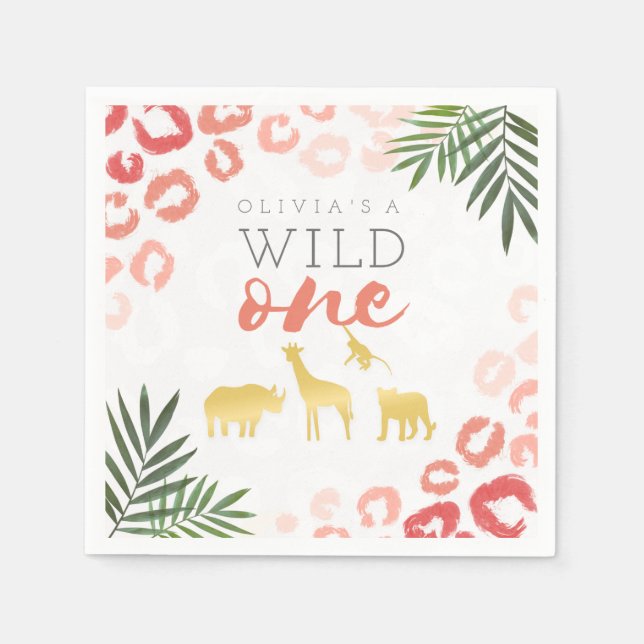 Wild One Safari Pink und Gold 1. Geburtstag Serviette (Vorderseite)