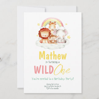 Wild One Safari Regenbogen Jungle Tiere Geburtstag Einladung
