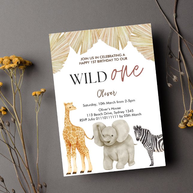 Wild One Safari Thema Erster Geburtstag Einladung (Von Creator hochgeladen)