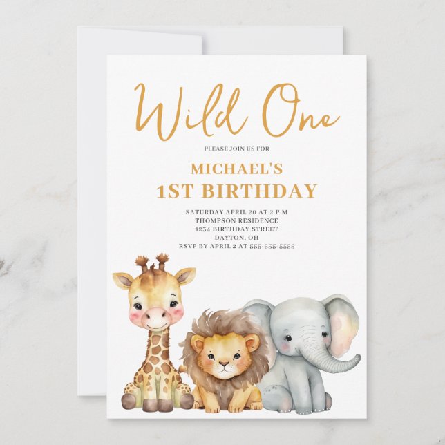 Wild One Safari Tier 1. Geburtstag Einladung (Vorderseite)