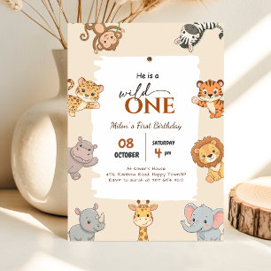 Wild One Safari-Tiere Jungen 1. Geburtstagsfeier Einladung