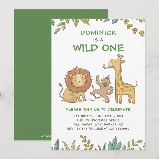 Wild One Safari Tiere Niedlich Junge Erstgeburt Einladung (Vorne/Hinten)