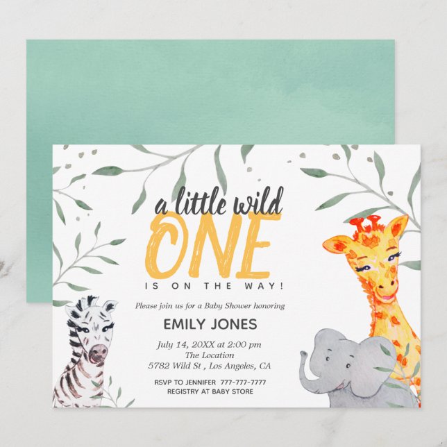 Wild One Safari Watercolor Kinderdusche Einladung (Vorne/Hinten)