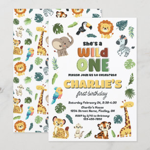 Wild One Safari Zoo Animal Birthday Party, Mädchen Einladung