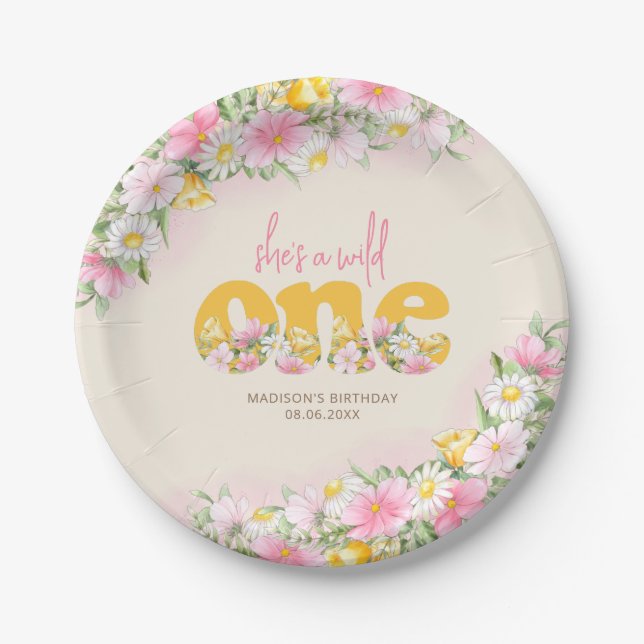 Wild One Senf & Pink Wildblume Geburtstag Pappteller (Vorderseite)