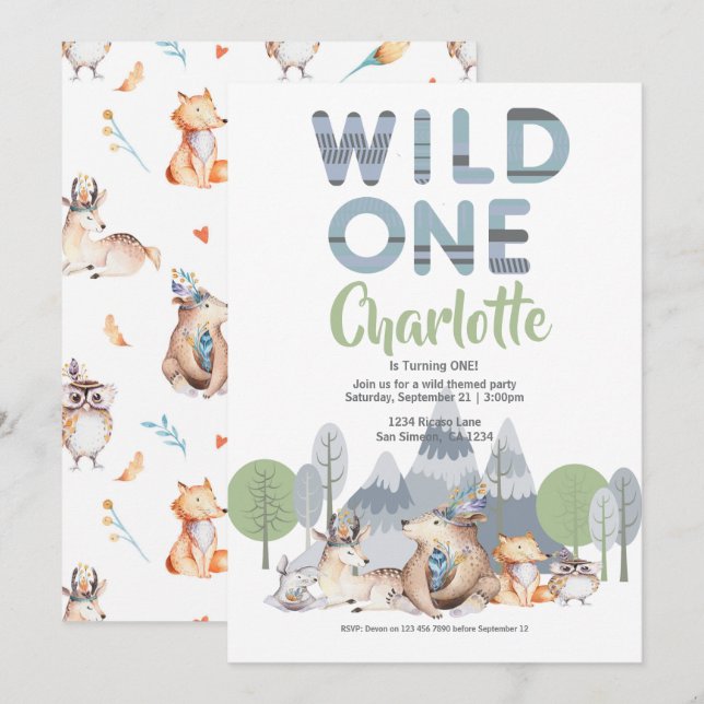 Wild One Süße Tier Geburtstag Einladung (Vorne/Hinten)