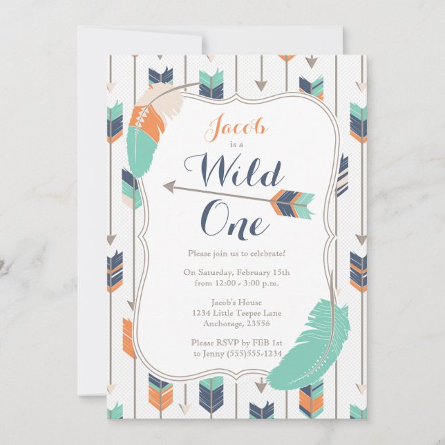 Wild ONE Tribal Arrows Birthday Party Blue Green Einladung (Vorderseite)