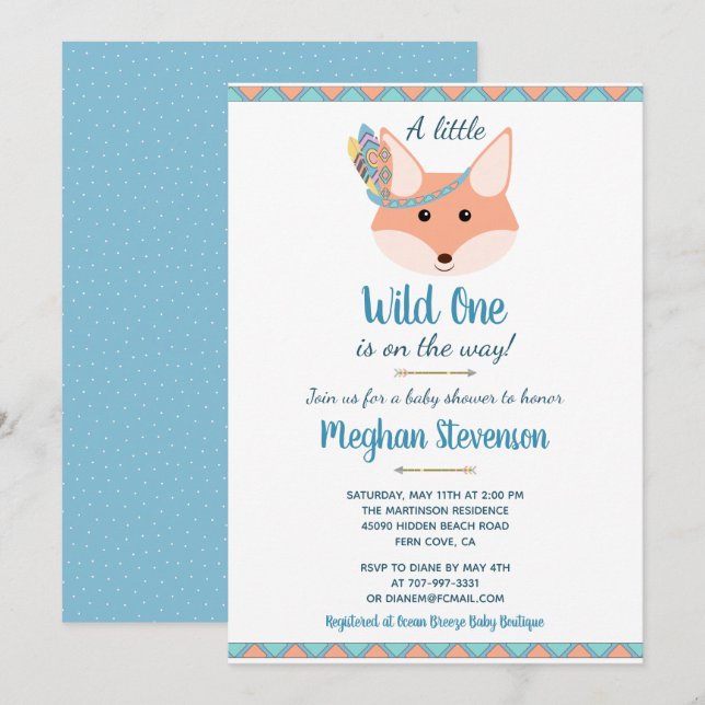Wild One Tribal Boho Aztec Blue Boy Baby Shower Einladung (Vorne/Hinten)
