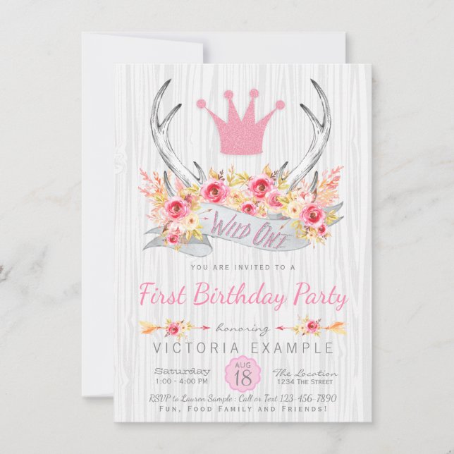 Wild One Tribal Boho Prinzessin Antler Einladung (Vorderseite)