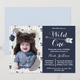 Wild One Tribal First Birthday Blue Foto Einladung