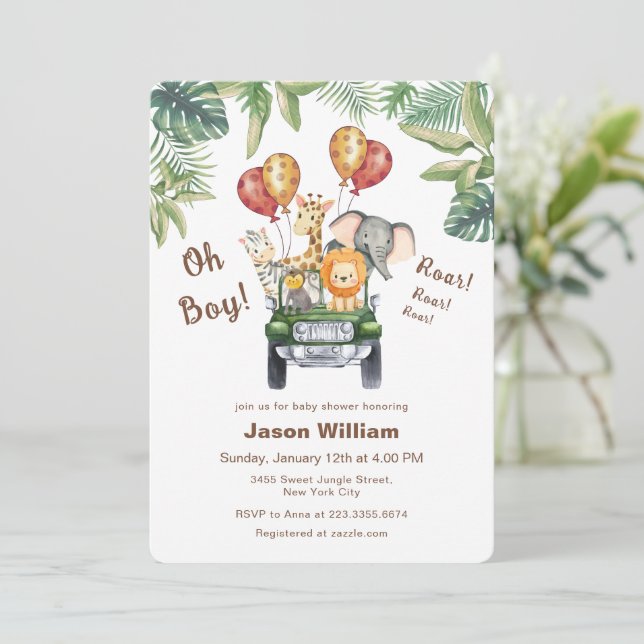 Wild One Tropical Jungle Safari Boy Baby Shower  Einladung (Stehend Vorderseite)