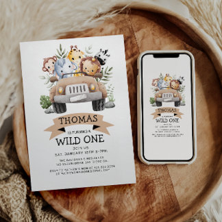 Wild One Tropical Jungle Safari Geburtstag Einladung