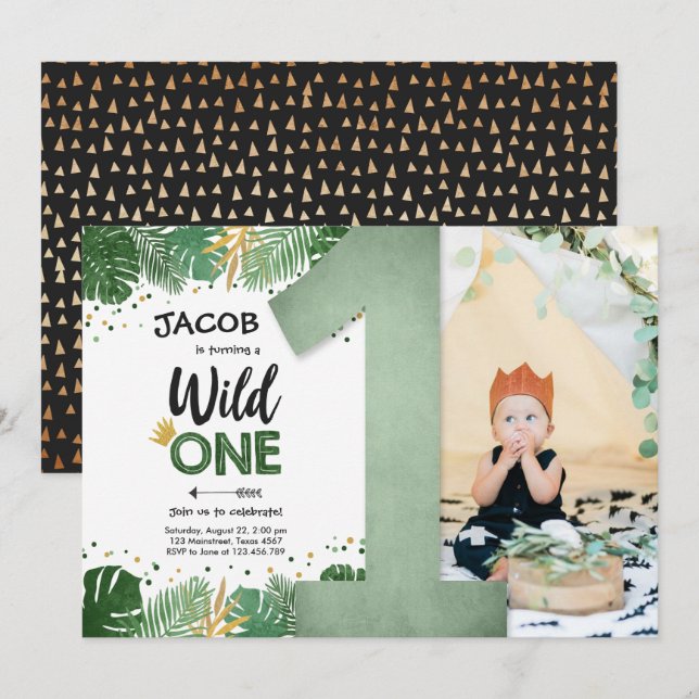 Wild One Tropical Safari Junge Gold Erstgeburt Einladung (Vorne/Hinten)
