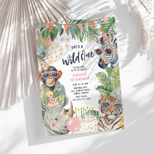 Wild One Watercolor Safari Mädchen 1. Geburtstag Einladung