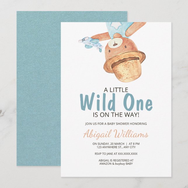 Wild One Watercolor Teddy Bear Baby Shower Einladung (Vorne/Hinten)