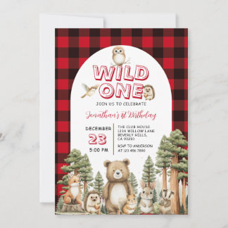 Wild One Woodland Animal 1st Birthday Party Plaid Einladung