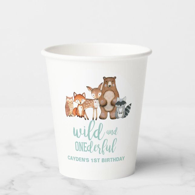Wild One Woodland Animal Birch Tree Erster Geburts Pappbecher (Vorderseite)