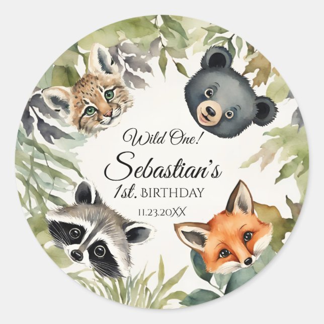 Wild One Woodland Animal Birthday Party Runder Aufkleber (Vorderseite)