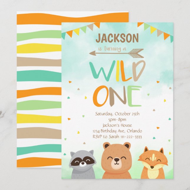 Wild One Woodland Animals 1. Geburtstag Einladung (Vorne/Hinten)