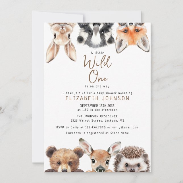 Wild One Woodland Animals Baby Shower Einladung (Vorderseite)