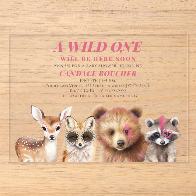 Wild One Woodland Animals Festival Kinderdusche Acryleinladungen (Vorderseite)