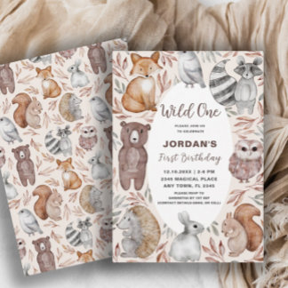 Wild One Woodland Animals First Birthday Party Einladung