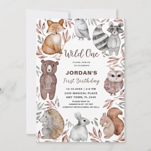 Wild One Woodland Animals First Birthday Party Einladung (Vorderseite)