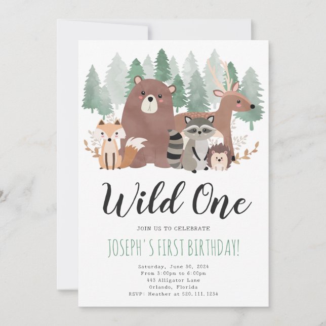 Wild One Woodland Animaux Anniversaire Invitation  (Devant)