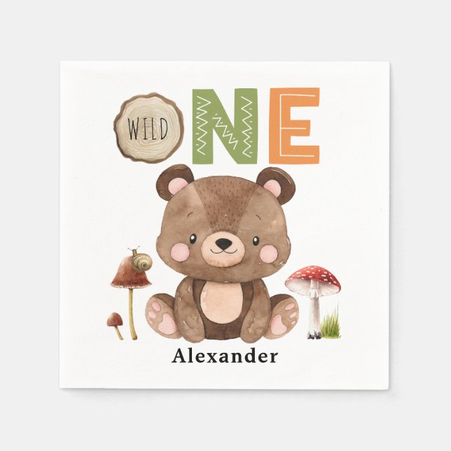 Wild One Woodland Bear 1. Geburtstag Napkins Serviette (Vorderseite)