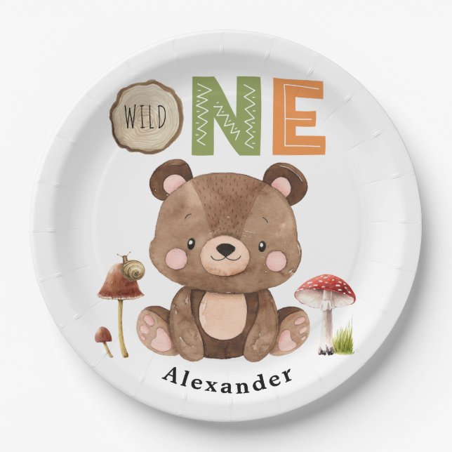 Wild One Woodland Bear 1. Geburtstag Pappteller (Vorderseite)