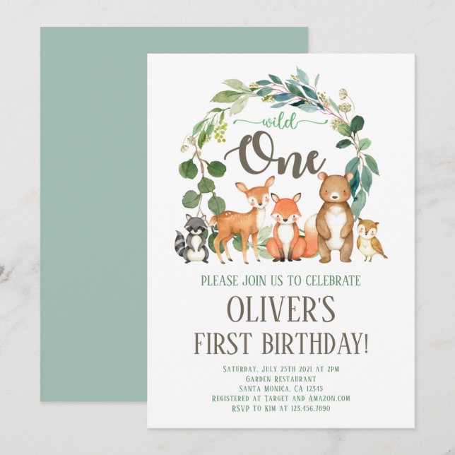 Wild One Woodland Birthday Invitation Boy Einladung (Vorne/Hinten)